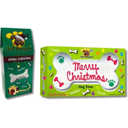Golosinas para perros Merry Christmas Bone & Christmas Caddy con mantequilla de maní y miel crujiente, 2 unidades