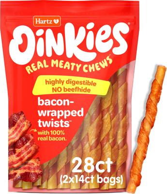 Oinkies Bacon-Wrapped Twists with 100% Real Bacon Rawhide-Free Natural Dog Treats, 28 count