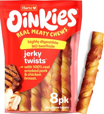 Oinkies Sizzling Twists with 100% Real Smoked Pork Bacon Flavored Rawhide-Free Natural Dog Treats, 8 count