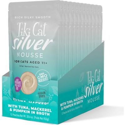 Alimento húmedo para gatos Silver Mousse de atún, caballa y calabaza, sin cereales, en caldo, bolsa de 2.8 oz, caja de 12