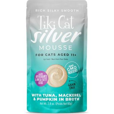 Alimento húmedo para gatos Silver Mousse de atún, caballa y calabaza, sin cereales, en caldo, bolsa de 2.8 oz, caja de 12
