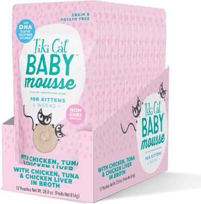 Baby Mousse Chicken, Tuna & Chicken Liver Grain-Free Wet Kitten Food, 2.4-oz pouch, case of 12