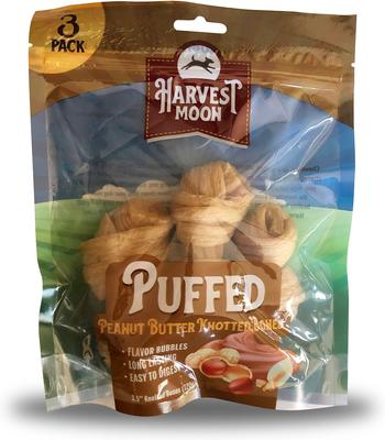 Hide Free 3.5-inch Peanut Butter Puffed Knotted Bone Dog Hard Chew Treats, 3 count