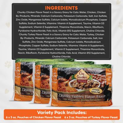 Chef Scoochies Recipe Variety Pack with Real Chunky Poultry in Savory Gravy Wet Cat Food Pouch, 12-oz, case of 12