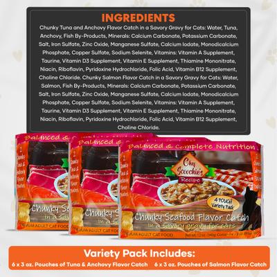 Chef Scoochies Recipe Variety Pack with Real Chunky Seafood in Savory Gravy Wet Cat Food, 12-oz pouch, case of 12
