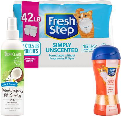 Bundle: Starter Kit - Fresh Step Simply Unscented Clumping Clay Cat Litter, 10.5-lb bag, pack of 4 + 2 other items