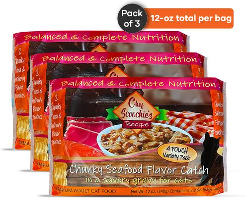 Chef Scoochies Recipe Variety Pack with Real Chunky Seafood in Savory Gravy Wet Cat Food, 12-oz pouch, case of 12