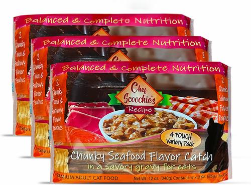 Chef Scoochies Recipe Variety Pack with Real Chunky Seafood in Savory Gravy Wet Cat Food, 12-oz pouch, case of 12