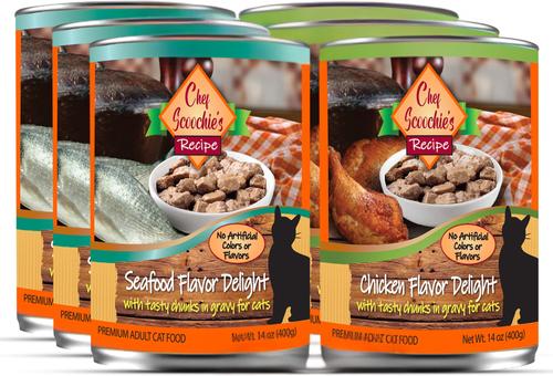 Chef Scoochies Recipe Variety Pack with Real Chicken & Seafood in Savory Gravy Wet Cat Food, 14-oz can, case of 6
