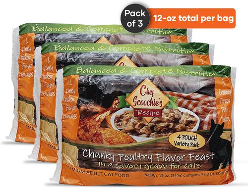 Chef Scoochies Recipe Variety Pack with Real Chunky Poultry in Savory Gravy Wet Cat Food Pouch, 12-oz, case of 12