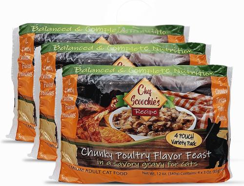 Chef Scoochies Recipe Variety Pack with Real Chunky Poultry in Savory Gravy Wet Cat Food Pouch, 12-oz, case of 12
