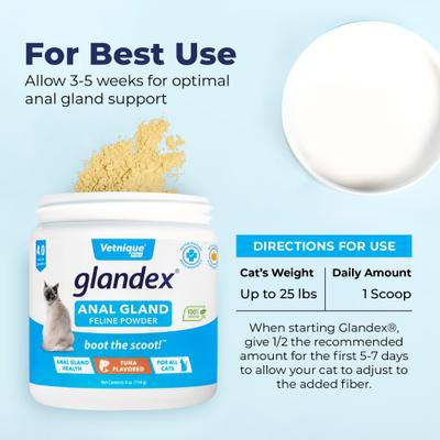 Glandex Feline Anal Gland Support Probiótico y Digestión Suplemento en polvo con sabor a atún para gatos, 2 unidades