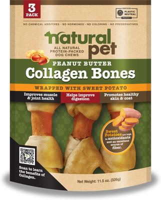Galletas masticables naturales para perros con sabor a mantequilla de cacahuete y boniato Collagen Bones, 3 unidades
