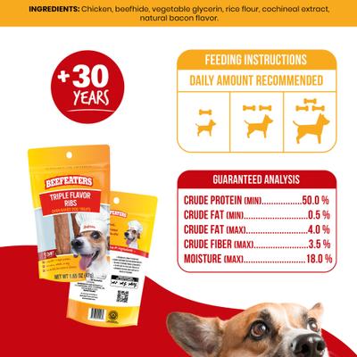 Golosinas para perros con triple sabor, costillas, 1.65 oz, caja de 12