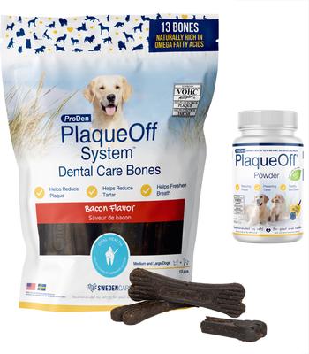 Paquete: Suplemento en polvo ProDen PlaqueOff para perros y gatos (botella de 60 g) + Golosinas dentales para perros ProDen PlaqueOff System con sabor a tocino natural (13 unidades)