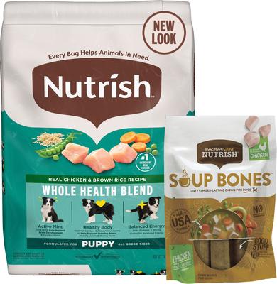 Paquete: Alimento seco para cachorros Rachael Ray Nutrish Bright con pollo real y arroz integral + premios para perros con sabor a pollo y verduras.