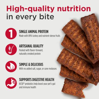 Tiras de cecina premium para perros, sin cereales, ricas en proteínas, elaboradas con probiótico BC30 para favorecer la salud digestiva e inmunitaria, bolsa de 147 g