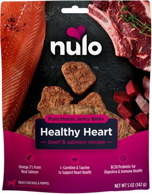 Premios funcionales para perros con carne seca de res y salmón para un corazón saludable, bolsa de 5 oz