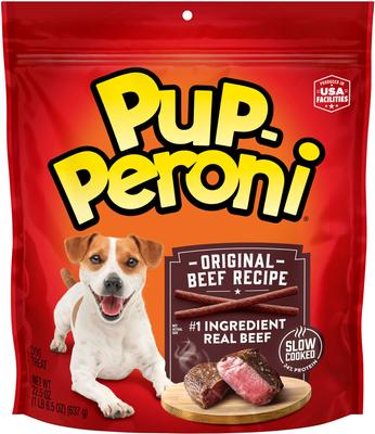 Paquete: premios para perros Pup-Peroni sabor carne de res original y sabor a tocino