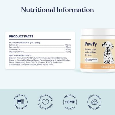 Suplemento masticable para la piel y el pelaje de perros con sabor a pavo y tocino, 30 unidades