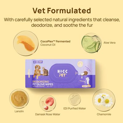 Bundle: HICC PET Portable Deodorizing Glove Grooming Wipes, Rose Scented, 6 count, 3 pack + Skin Care Relief Cat & Dog Spray, 16-oz bottle