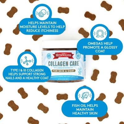 The Missing Link, Collagen Care Skin & Coat Soft Chews, colágeno tipo I y III + omegas + aceite de coco, 60 masticables.