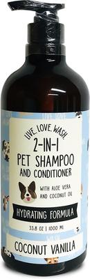 Champú y acondicionador 2 en 1 para perros y gatos "Vive. Ama. Lava", aroma a coco y vainilla, botella de 1000 ml