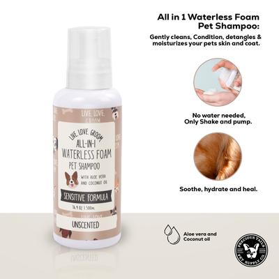 Live. Love. Groom. All-In-1 Waterless Foam Dog & Cat Dry Shampoo, Unscented, 500-mL bottle