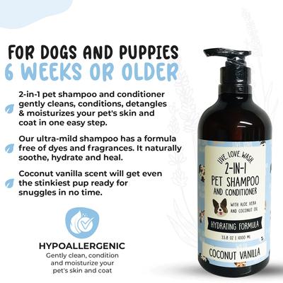 Live. Love. Wash. 2-in-1 Dog & Cat Shampoo & Conditioner, Coconut Vanilla Scented, 1000-mL bottle
