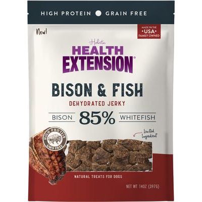 Premios para perros sin cereales de cecina de bisonte y pescado, bolsa de 14 oz