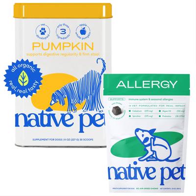 Bundle: Native Pet Organic Pumpkin Fiber & Diarrhea Relief, 8-oz + Allergy Itch Relief Dog Supplement, 60 count