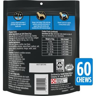 Suplemento masticable suave para el cuidado de la piel de perros, 60 unidades