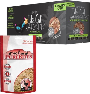 Bundle: PureBites Chicken Breast Freeze-Dried Raw Cat Treats, 1.09-oz bag + Tiki Cat After Dark Variety Pack Canned Cat Food, 2.8-oz, case of 12