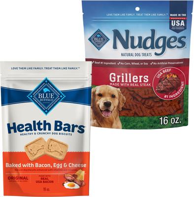 Bundle: Blue Buffalo Health Bars Baked with Bacon, Egg & Cheese + Nudges Grillers Steak Natural Dog Treats