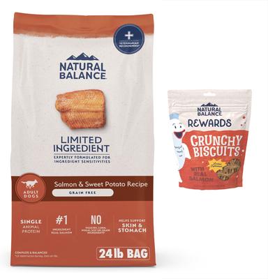 Paquete: Alimento seco Natural Balance L.I.D. Limited Ingredient Diets sin cereales con fórmula de salmón y boniato + premios para perros con fórmula de boniato y pescado