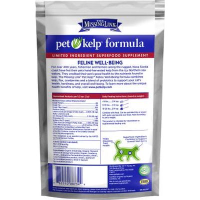 The Missing Link, Pet Kelp Feline, kelp orgánico + linaza + arándano rojo + probióticos, 170 g.