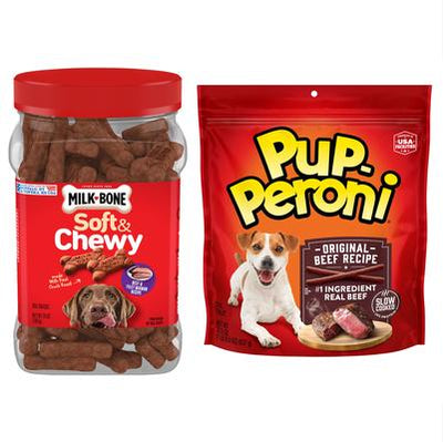 Paquete: Premios para perros Pup-Peroni sabor carne original + Receta de carne y filete miñón Milk-Bone