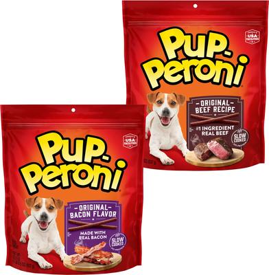Paquete: premios para perros Pup-Peroni sabor carne de res original y sabor a tocino