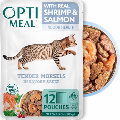Indoor Health Grain-Free Tender Morsels with Real Shrimp & Salmon in Savory Sauce Adult Cat Food, 3-oz pouch, case of 12