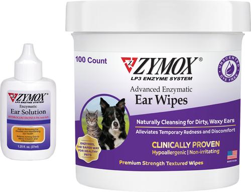 Bundle: Zymox Ear Infection Solution with .5% Hydrocortisone for Dogs & Cats, 1.25-fl oz bottle + Advanced Enzymatic Ear Wipes, 7.05-fl oz bottle, 100 count