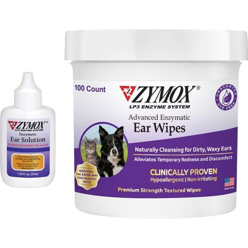 Paquete: Solución para infecciones de oído Zymox con hidrocortisona al 0,5 % para perros y gatos (botella de 38 ml) + Toallitas enzimáticas avanzadas para oídos (botella de 193 ml), 100 unidades
