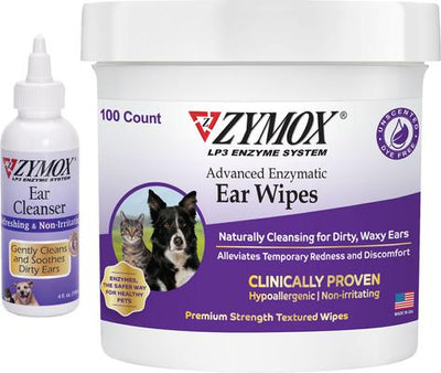 Bundle: Zymox Advanced Enzymatic Dog & Cat Ear Wipes, 7.05-fl oz bottle, 100 count + Enzymatic Ear Cleanser, 4-fl oz bottle