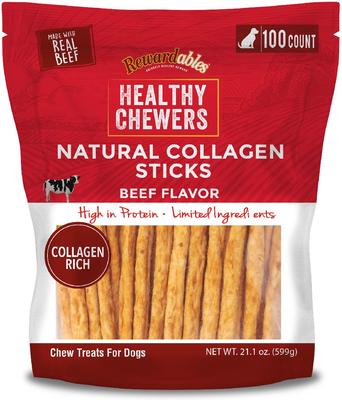 Healthy Chewers Natural Collagen & Beef Sticks High Protein Dog Chews, 21.1-oz bag, 100 count