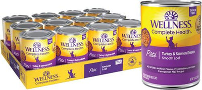 Bundle: Variety Pack - Wellness Complete Health Pate Chicken Entree Grain-Free Canned Cat Food, 12.5-oz, case of 12, Turkey & Salmon & Turkey Flavors