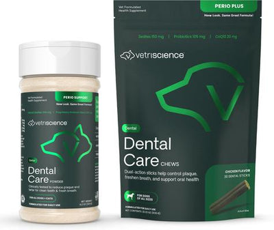 Paquete: VetriScience Perio Support Everyday Health Fórmula en polvo para perros y gatos, botella de 4.2 oz + VetriScience Perio Plus Everyday Health Dental Stix Golosinas dentales para perros, 30 unidades
