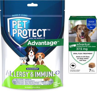 Paquete: Tratamiento oral Advantus contra pulgas para perros de 10 a 50 kg (7 unidades) + Suplemento Pet Protect Allergy & Immune+ (60 unidades)