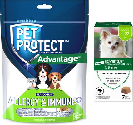 Bundle: Advantus Flea Oral Treatment for Dogs, 4-22 lbs, 7 count + Pet Protect Allergy & Immune+ Supplement, 60 count