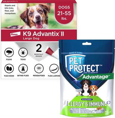 Bundle: K9 Advantix II Flea & Tick Spot Treatment for Dogs, 21-55 lbs + Pet Protect Allergy & Immune+ Supplement, 60 count