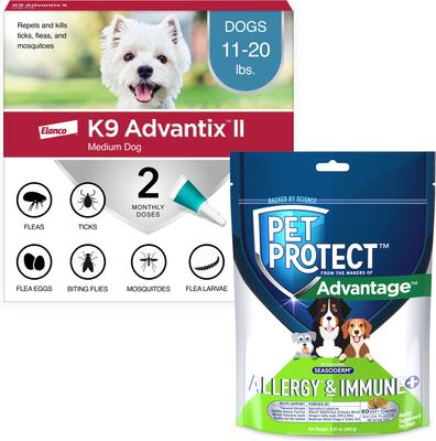Bundle: K9 Advantix II Flea & Tick Spot Treatment for Dogs, 11-20 lbs + Pet Protect Allergy & Immune+ Supplement, 60 count