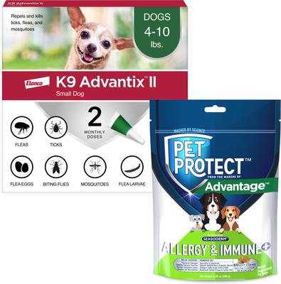 Bundle: K9 Advantix II Flea & Tick Spot Treatment for Dogs, 4-10 lbs + Pet Protect Allergy & Immune+ Supplement, 60 count